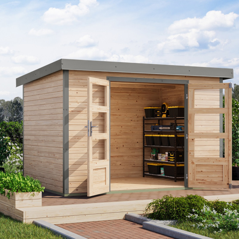 Abri de jardin 6,4m² en bois brut + acier gris Jupiter 4A - Karibu