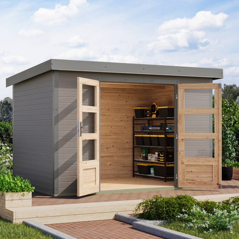 Abri de jardin 6,4m² en bois gris clair + acier gris Jupiter 4D - Karibu