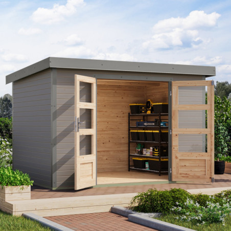 Abri de jardin 6,4m² en bois gris clair + acier gris Jupiter 4D - Karibu