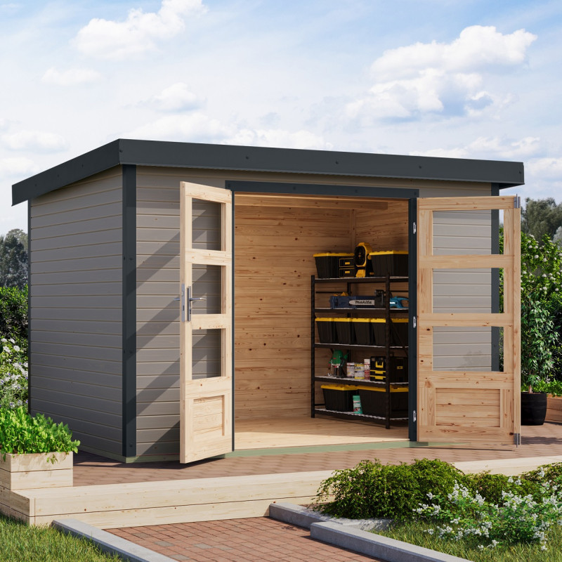 Abri 6,4m² en bois gris clair + acier anthracite Jupiter 4D - Karibu