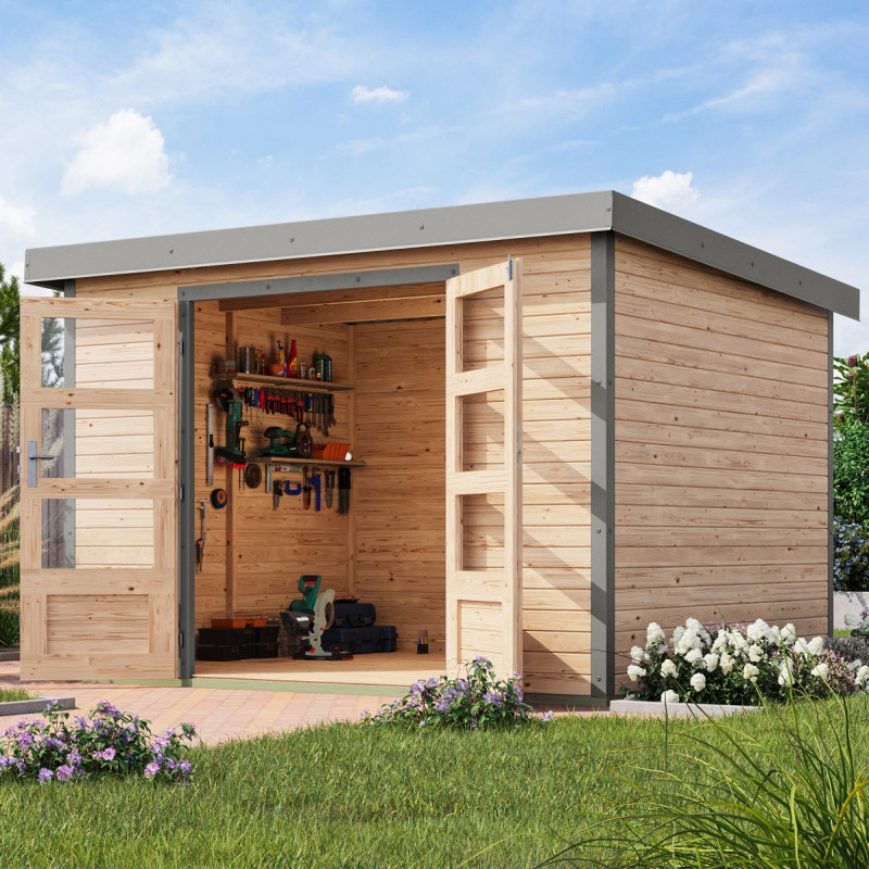 Abri de jardin 7,2m² en bois brut + acier gris Jupiter 5A - Karibu