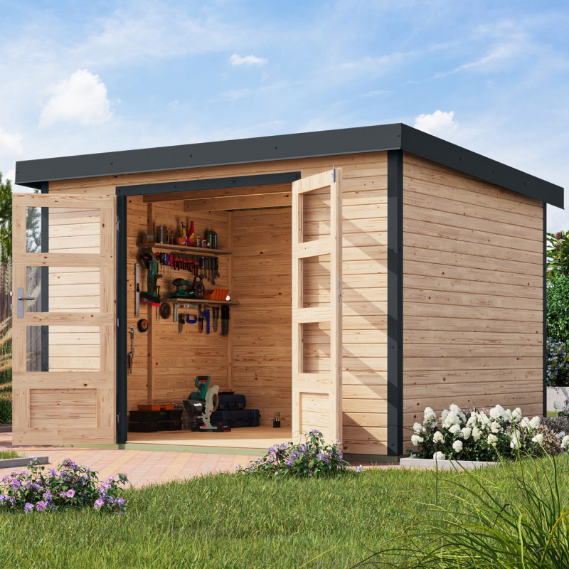 Abri de jardin 7,2m² en bois brut + acier anthracite Jupiter 5A - Karibu