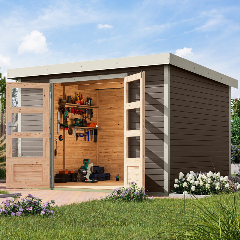 Abri de jardin 7,2m² en bois gris + acier blanc Jupiter 5B - Karibu