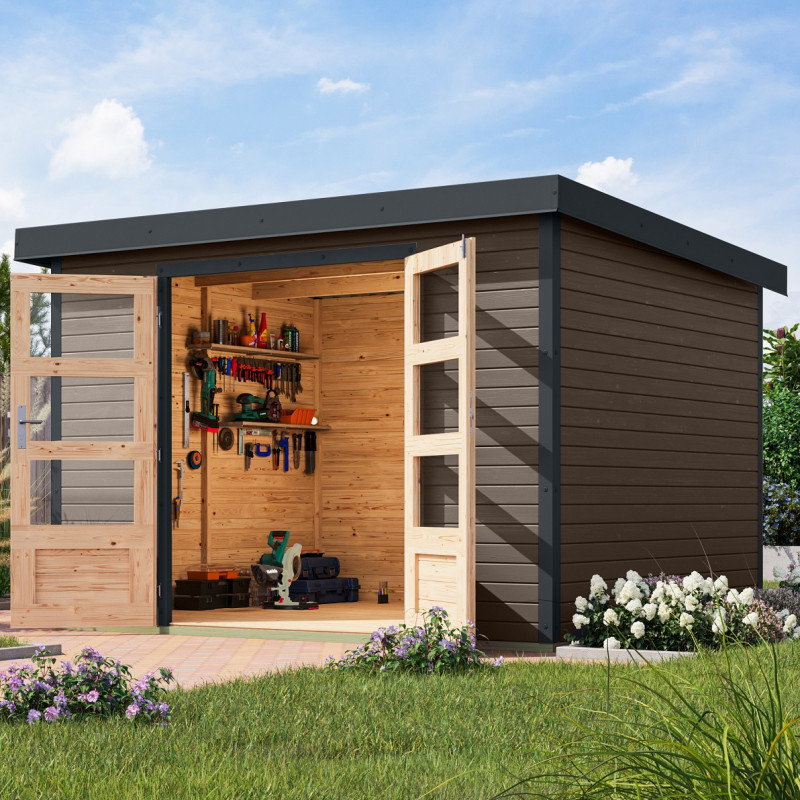 Abri de jardin 7,2m² en bois gris + acier anthracite Jupiter 5B - Karibu