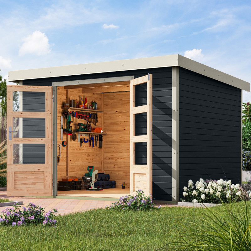 Abri de jardin 7,2m² en bois anthracite + acier blanc Jupiter 5B - Karibu