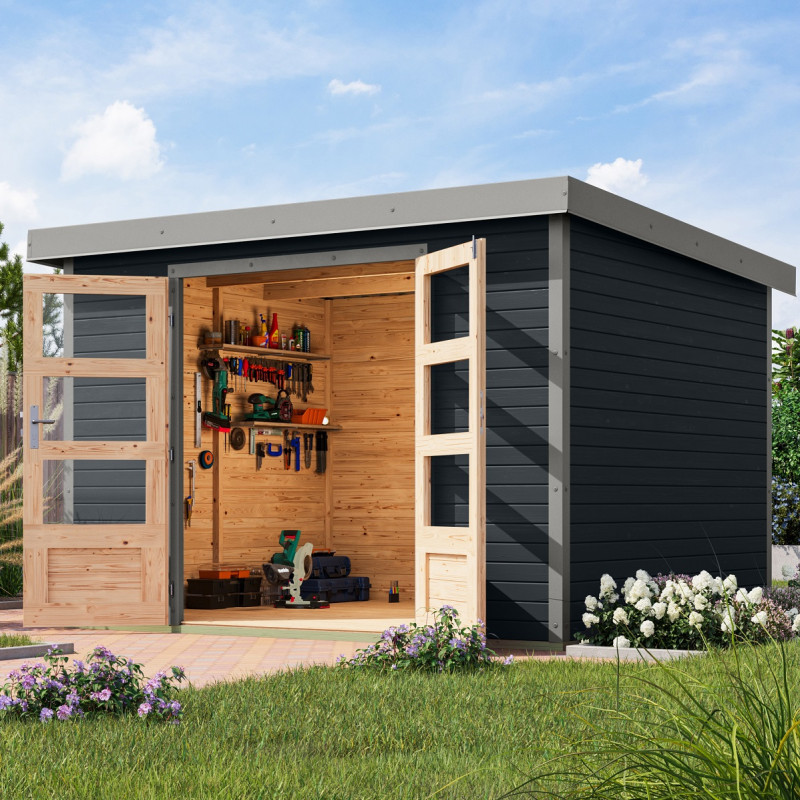 Abri de jardin 7,2m² en bois anthracite + acier gris Jupiter 5B - Karibu