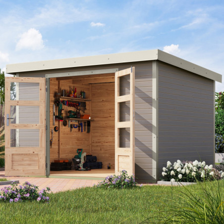 Abri de jardin 7,2m² en bois gris clair + acier blanc Jupiter 5B - Karibu