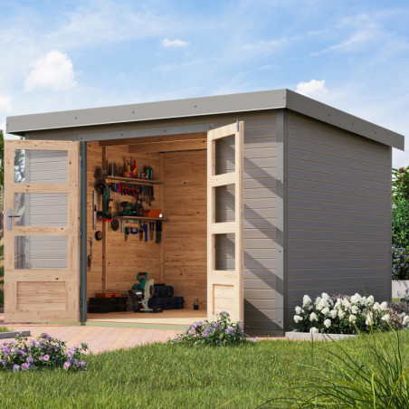 Abri de jardin 7,2m² en bois gris clair + acier gris Jupiter 5B - Karibu
