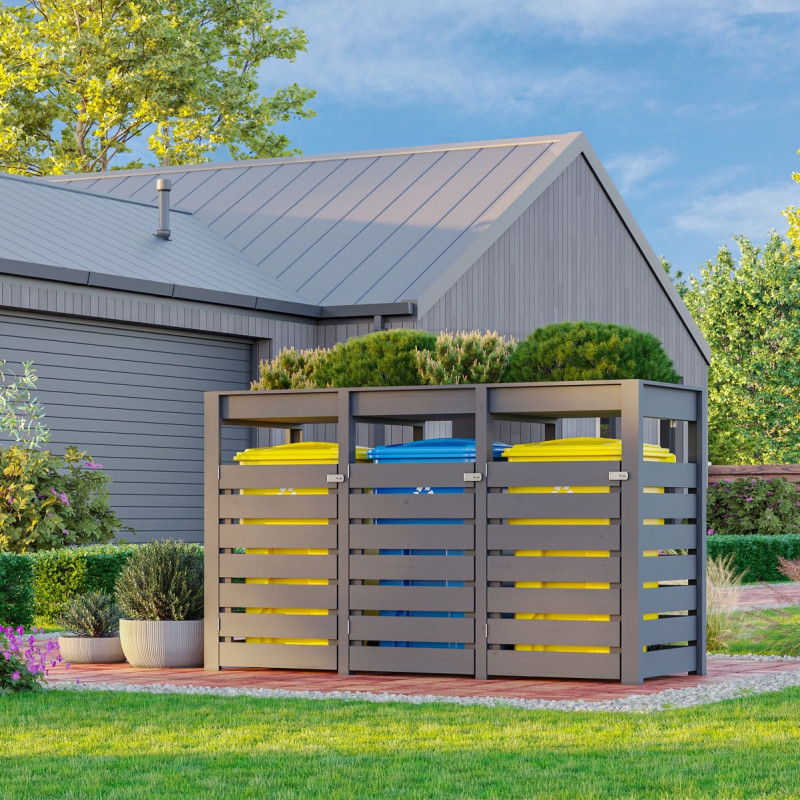 Abri pour 3 poubelles de 240L en bois gris terre, bac à plantes, Karibu