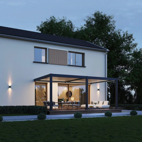 Pergola adossée motorisée en alu gris/blanc avec lames 4x6m Ombrea