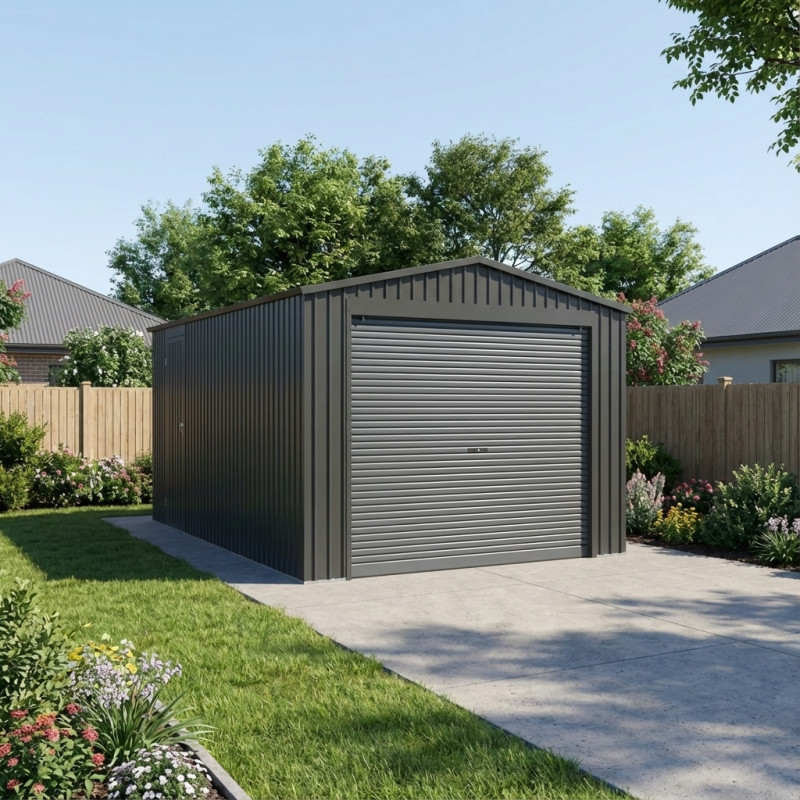 Garage métal gris 15,1m² Porte enroulable + kit d'ancrage X-METAL