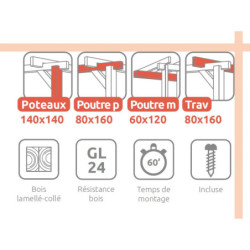 Pergola adossée 600x500cm - bois lamellé-collé - Sevilla - Maderland