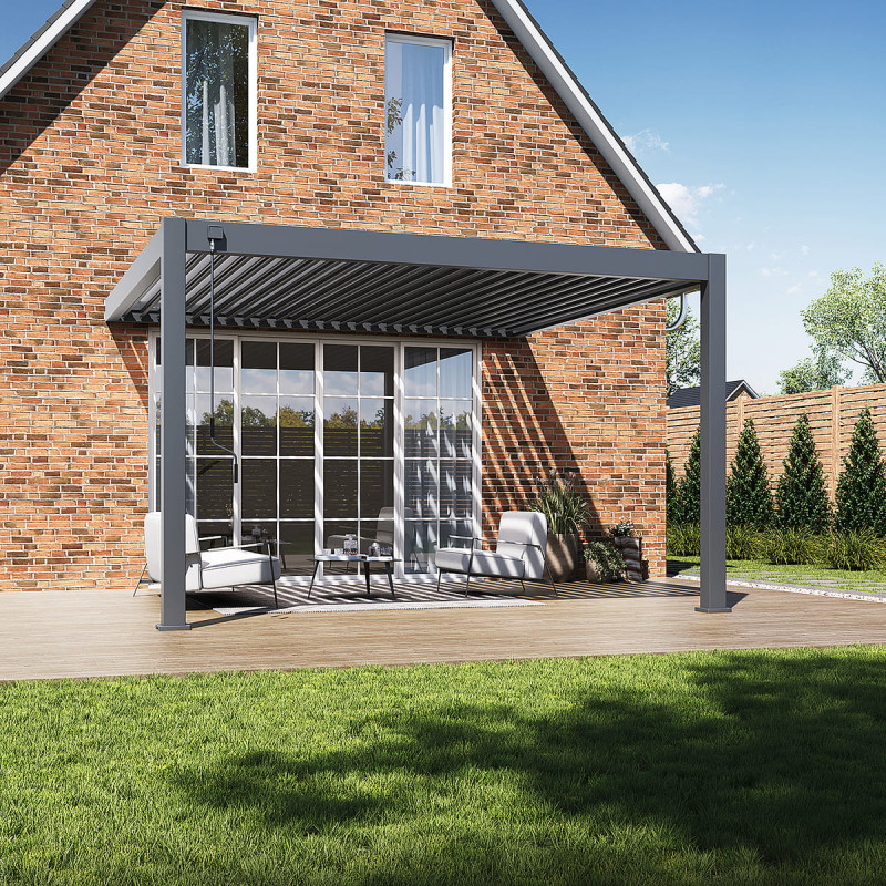 Pergola adossée en alu anthracite avec lames orientable 4x4m Ombrea