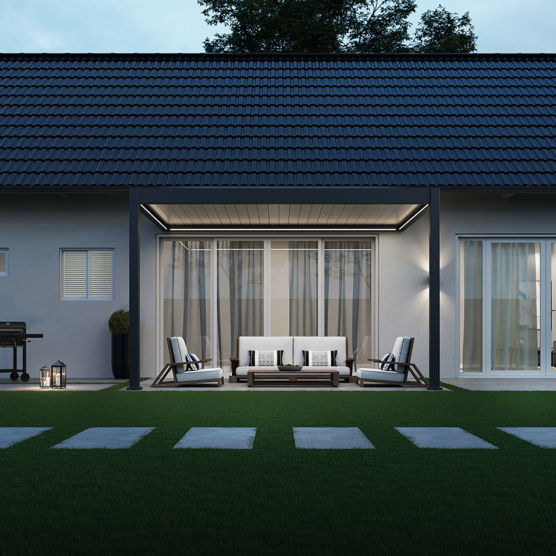 Pergola adossée motorisée en alu gris/blanc avec lames 3x4m Ombrea