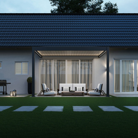 Pergola adossée motorisée en alu gris/blanc avec lames 3x4m Ombrea