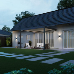 Pergola adossée motorisée en alu gris/blanc avec lames 3x4m Ombrea