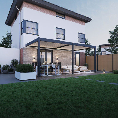 Pergola adossée motorisée en alu gris/blanc avec lames 3x6m Ombrea