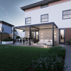 Pergola adossée motorisée en alu gris/blanc avec lames 3x6m Ombrea