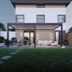 Pergola adossée motorisée en alu gris/blanc avec lames 3x6m Ombrea