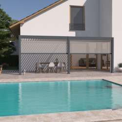 Pergola adossée motorisée en alu gris/blanc avec lames 3x6m Ombrea