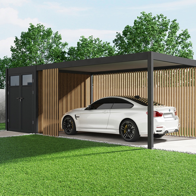 Carport 3x5m en alu gris et toit en acier - espace de rangement 6m²