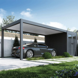 Carport 3x5m en alu gris et toit en acier - espace de rangement 6m²
