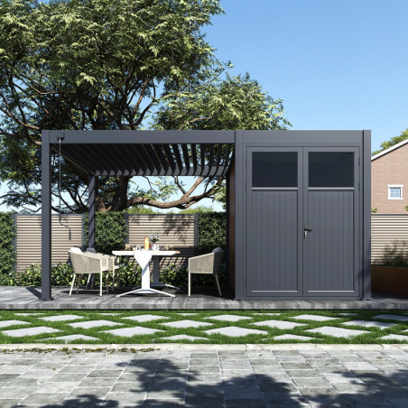 Pergola autoportante 9m² en alu gris avec abri de stockage 6m² - Ombrea