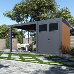 Pergola autoportante 9m² en alu gris avec abri de stockage 6m² - Ombrea