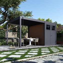 Pergola autoportante 9m² en alu gris avec abri de stockage 6m² - Ombrea