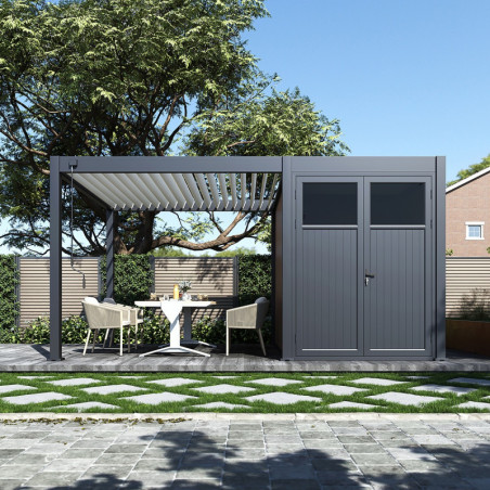 Pergola 9m² en alu gris - blanc avec abri de stockage 6m² - Ombrea