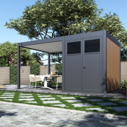 Pergola 9m² en alu gris - blanc avec abri de stockage 6m² - Ombrea
