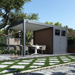 Pergola 9m² en alu gris - blanc avec abri de stockage 6m² - Ombrea