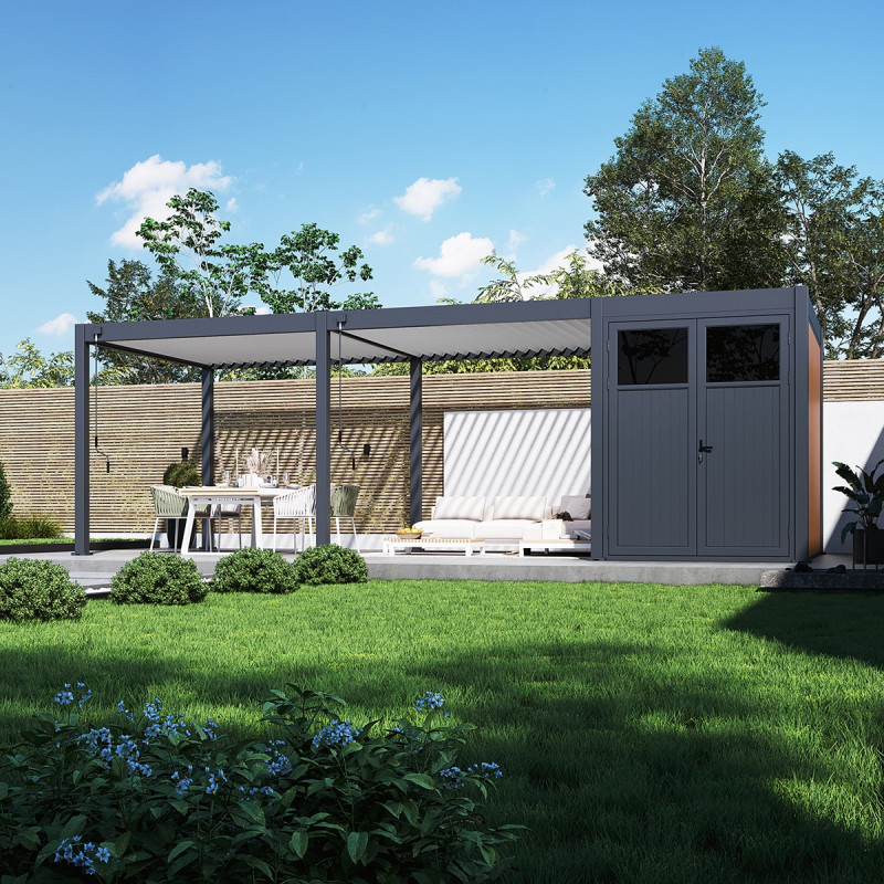 Pergola autoportante 3x6m en alu gris et blanc avec abri 6m² -  mbrea