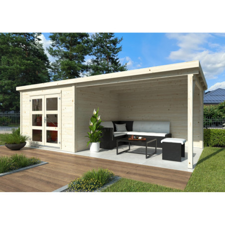 Abri de jardin brut Lya 1 avec terrasse - madriers 28mm - WhiteWood