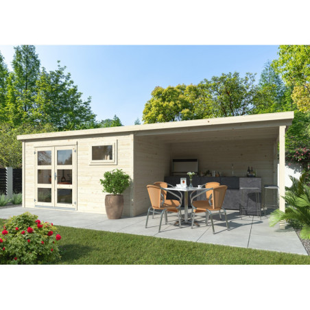 Abri de jardin brut Lya 2 avec terrasse - madriers 28mm - WhiteWood