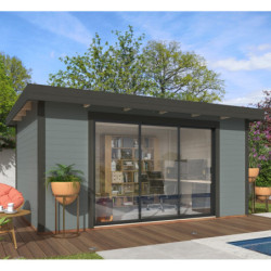 Bureau de jardin Lydia 14,85m² - en bois gris - madriers 28mm - WhiteWood