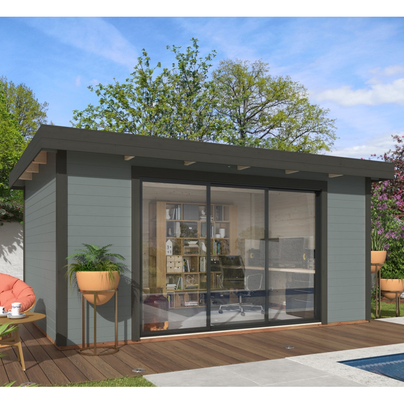 Bureau de jardin Lydia 14,85m² - en bois gris - madriers 28mm - WhiteWood