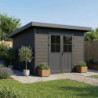 Abri toit plat en composite couleur gris clair 9m² porte alu Woodlife Garden