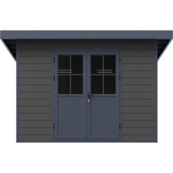 Abri toit plat en composite couleur gris clair 9m² porte alu Woodlife Garden