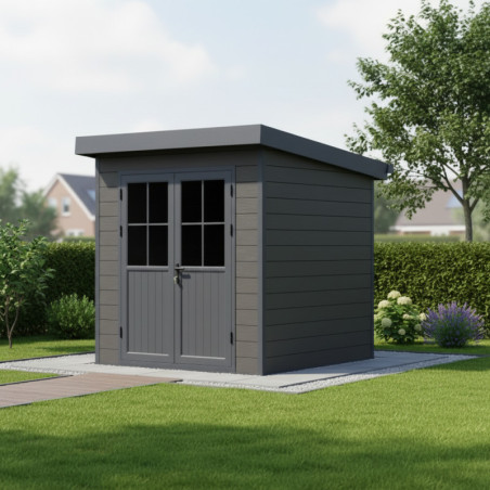 Abri toit plat en composite couleur anthracite 4,41m² porte alu Woodlife Garden