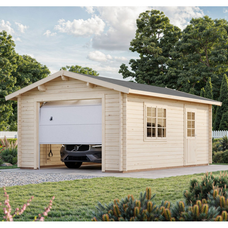 Garage en bois Roger 19,8m² - madriers 44mm - porte sectionnelle - Palmako