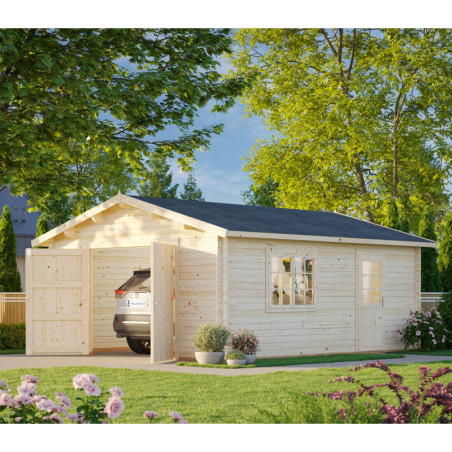 Garage en bois Roger 24,8m² - madriers 44mm - porte en bois- Palmako