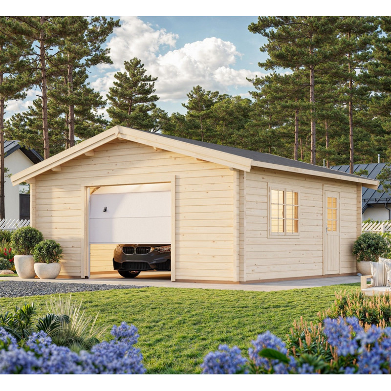 Garage en bois Roger 29,16m² - madriers 70mm - porte sectionnelle - Palmako