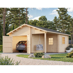 Garage Roger 28,05m² avec terrasse - madriers 44mm - porte en bois