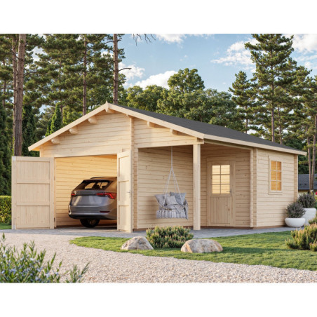 Garage Roger 28,05m² avec terrasse - madriers 44mm - porte en bois