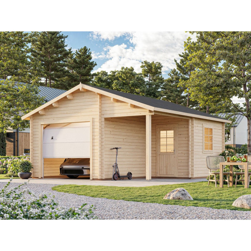 Garage Roger 28,05m² avec terrasse - madriers 44mm - porte sectionnelle