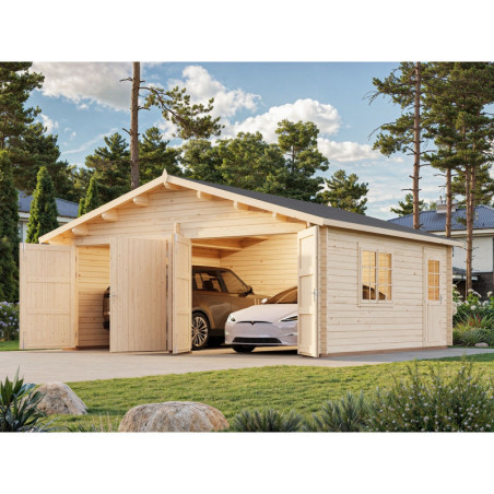 Garage double Roger 29,3m² - madriers 44mm - porte en bois- Palmako