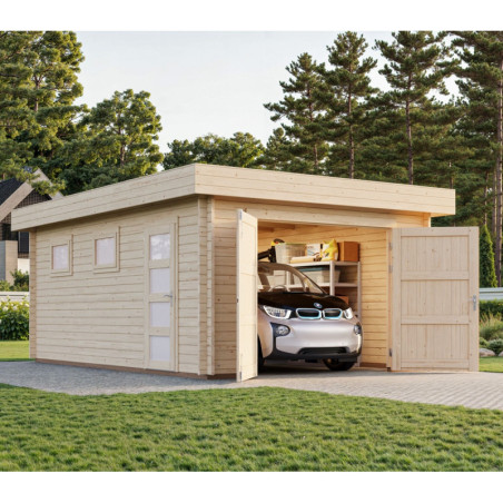 Garage en bois Rasmus 19,8m² - madriers 44mm - porte en bois- Palmako