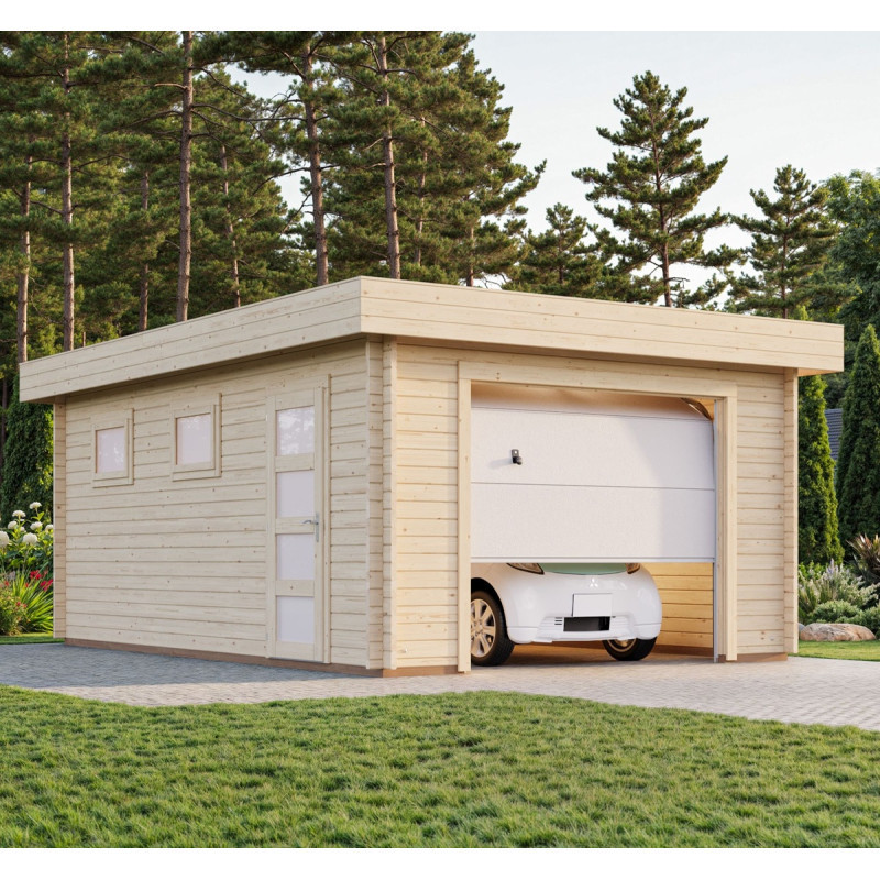 Garage en bois Rasmus 19,8m² - madriers 44mm - porte sectionnelle - Palmako