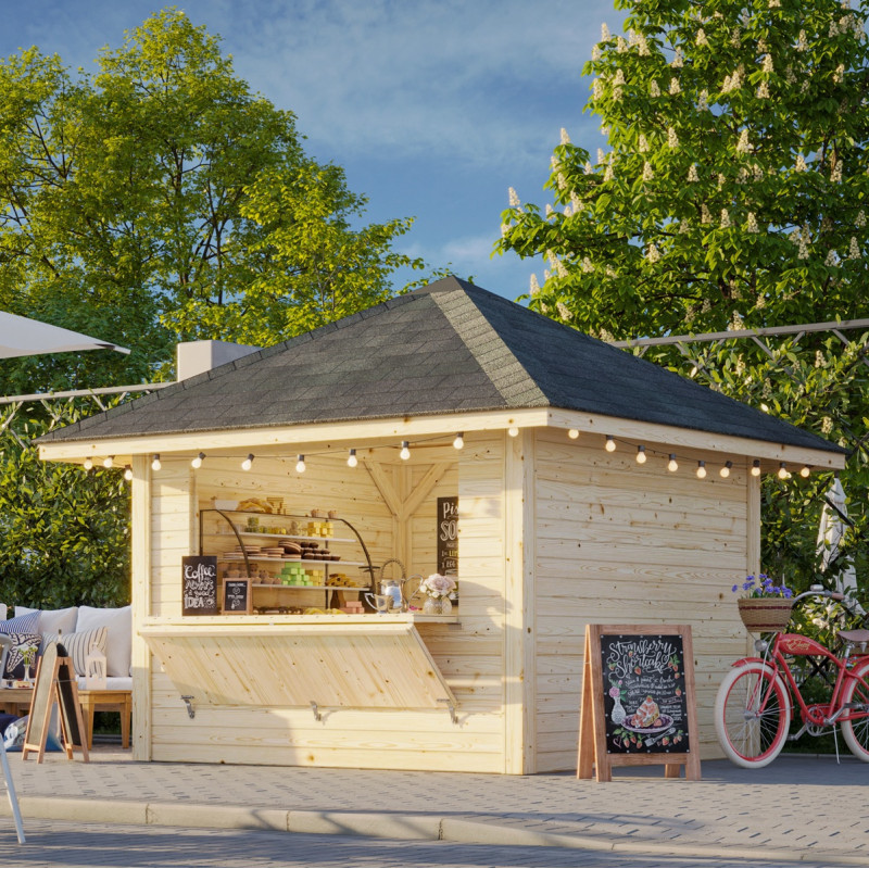 Stand de vente Bianca 9m² - en bois brut - madriers 28mm - Palmako